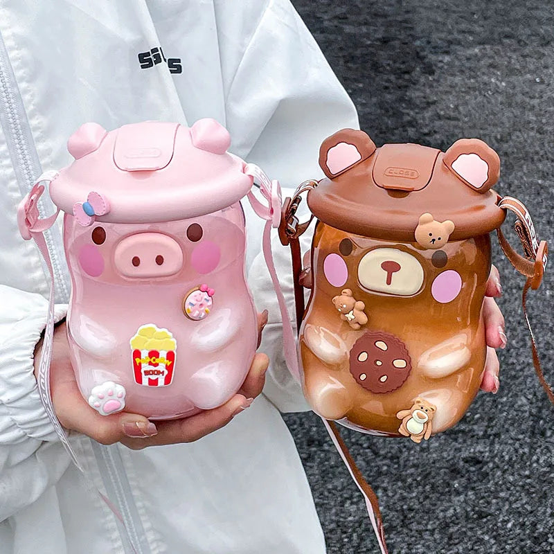 Kawaii Water Bottles Piggy Water Cup Cute Girl High Temperature Resistant Cup Straw Children Plastic Water Bottle Best Gift | Alo Trendy