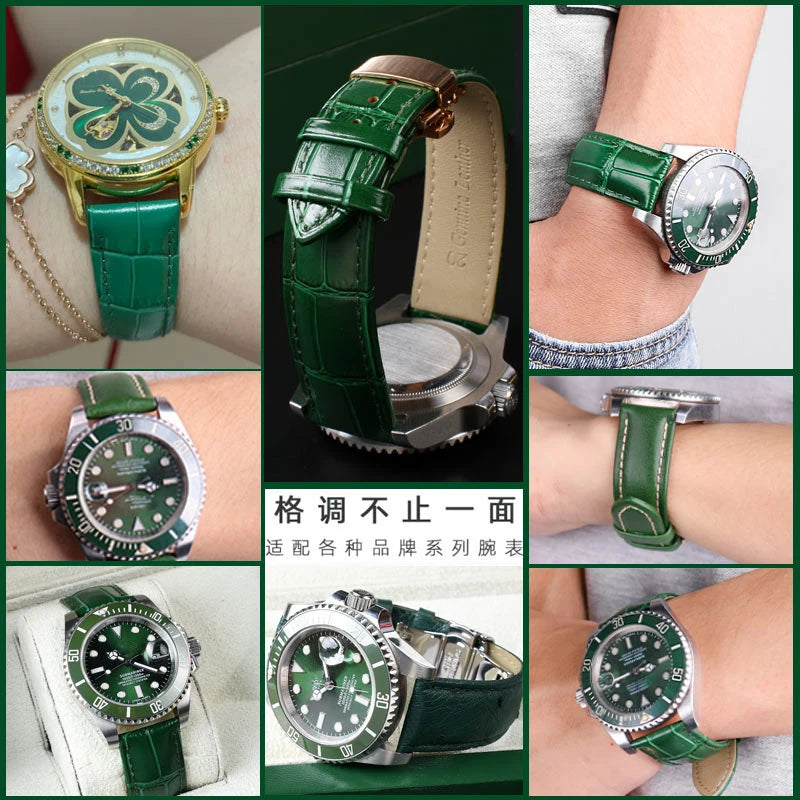 18mm 20mm 22mm High Quality Bamboo Pattern Soft Cowhide Strap | Men's Butterfly Buckle Ostrich Leather Green Watchband Bracelet | Alo Trendy