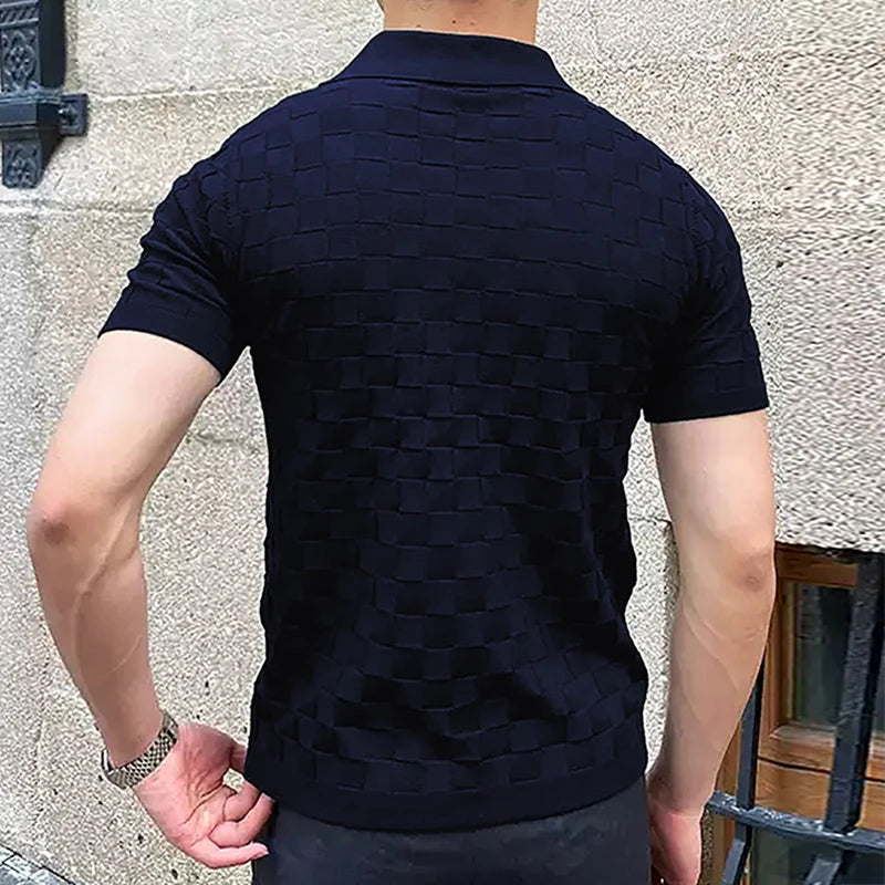 Vintage Plaid Jacquard Knitted Polo T-Shirts Men | Summer Casual Breathable Thin Knit Tops | Fashion Slim Polo Shirts