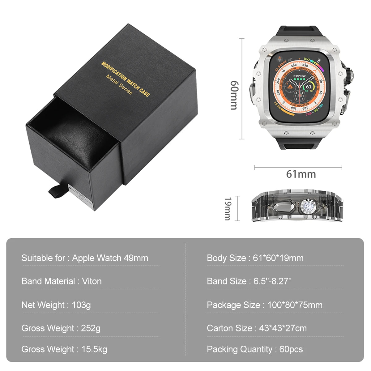 Luxury Modification Kit for Apple Watch Ultra 2 | Stainless Steel Case, Crystal Button, Sport Band for iWatch 9, 8, 7, 6 (49mm, 45mm, 44mm)