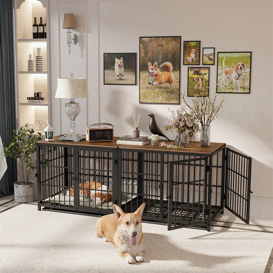 Dog Crate Furniture White Pet Kennel | Black Metal Cage End Table with Three Doors and Removable Tray | For Small, Medium, and Large Dogs