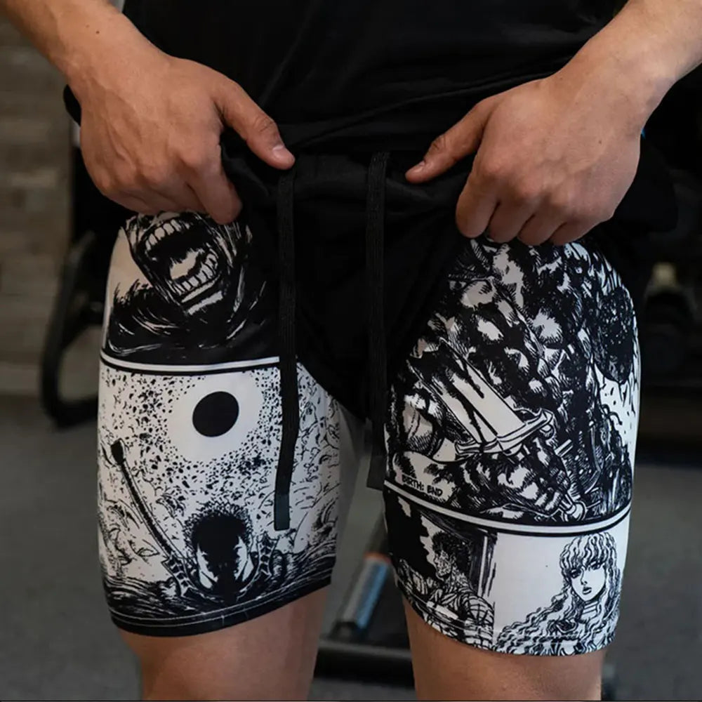 Skull Print 2 in 1 Gym Shorts for Men Active Athletic 5 Inch Quick Dry Stretchy Training Fitness Workout