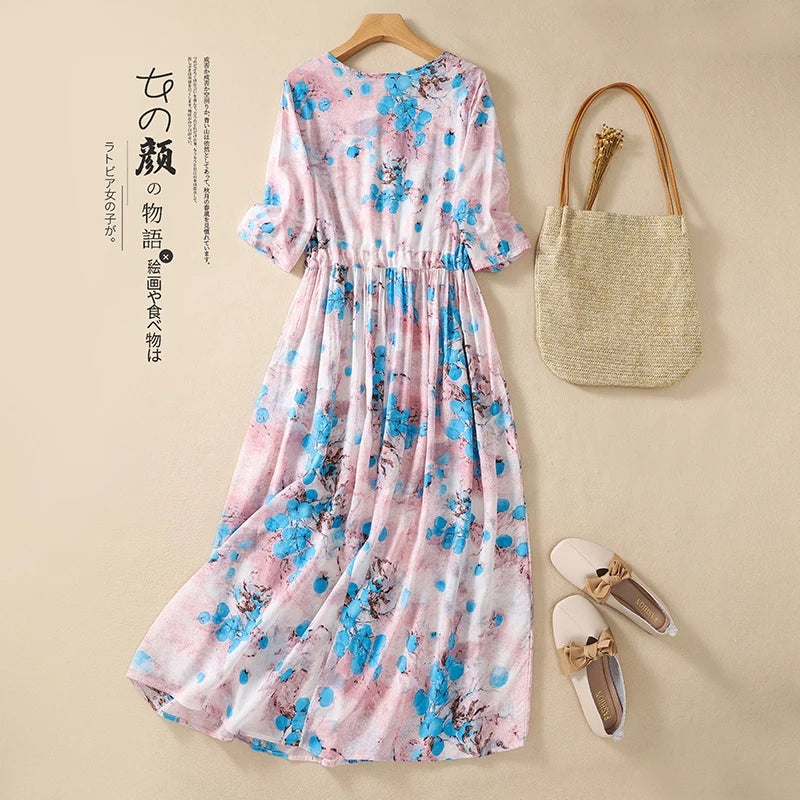 2024 New Arrival Thin Light Soft Cotton Blend Print Floral Vintage Summer Dress | Slim Waist Fashion Women Casual Midi Dress | Alo Trendy