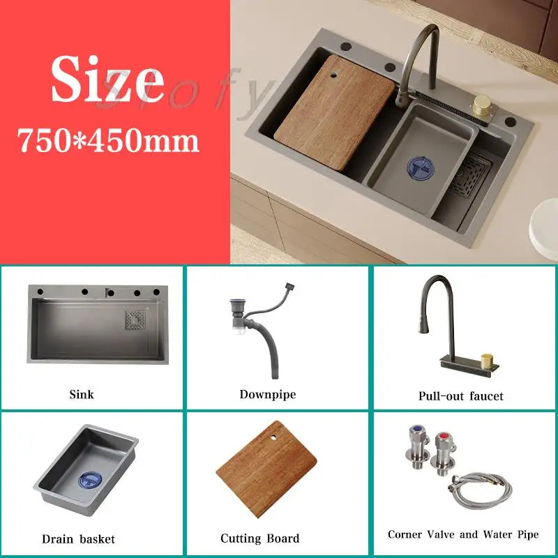 White/Balck/Grey 304 Stainless Steel Waterfall Kitchen Sink Single Bowl Wash Basin Home Sink Topmount  Workstation Drainage Set