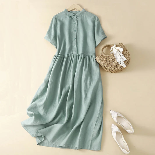 2023 New Summer Women Vintage Solid Cotton Midi Dresses Literary Office Lady Shirt Dress Female Casual Loose Sundress