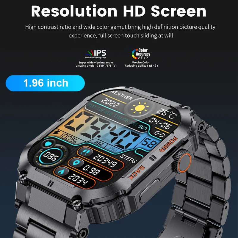 Outdoor Rugged Military Smart Watches for Men | Android & iOS Compatible | Bluetooth Call, Heart Rate Monitoring, Waterproof, Multi-Sport Mode Smartwatch