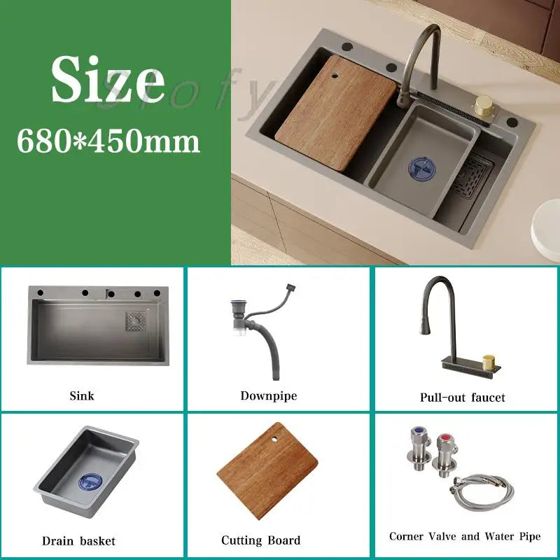 White/Balck/Grey 304 Stainless Steel Waterfall Kitchen Sink Single Bowl Wash Basin Home Sink Topmount  Workstation Drainage Set