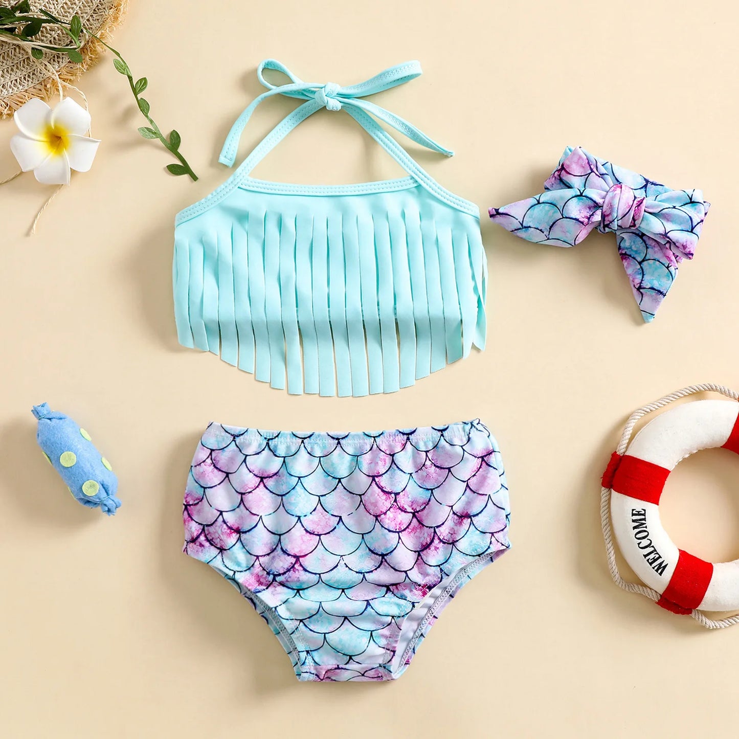 0-24M 2-4T Baby Girls Tassels Bikini Swimwear | Infant Toddler Two Pieces Swimsuit | Blue Mermaid Halter Beach Bathing Suit 3pcs/set | Alo Trendy