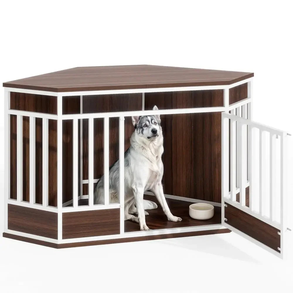 52" Heavy-Duty Wooden Dog Kennel End Table | Corner Crate Furniture in White Walnut | Space-Saving Retreat for Dogs and Cats