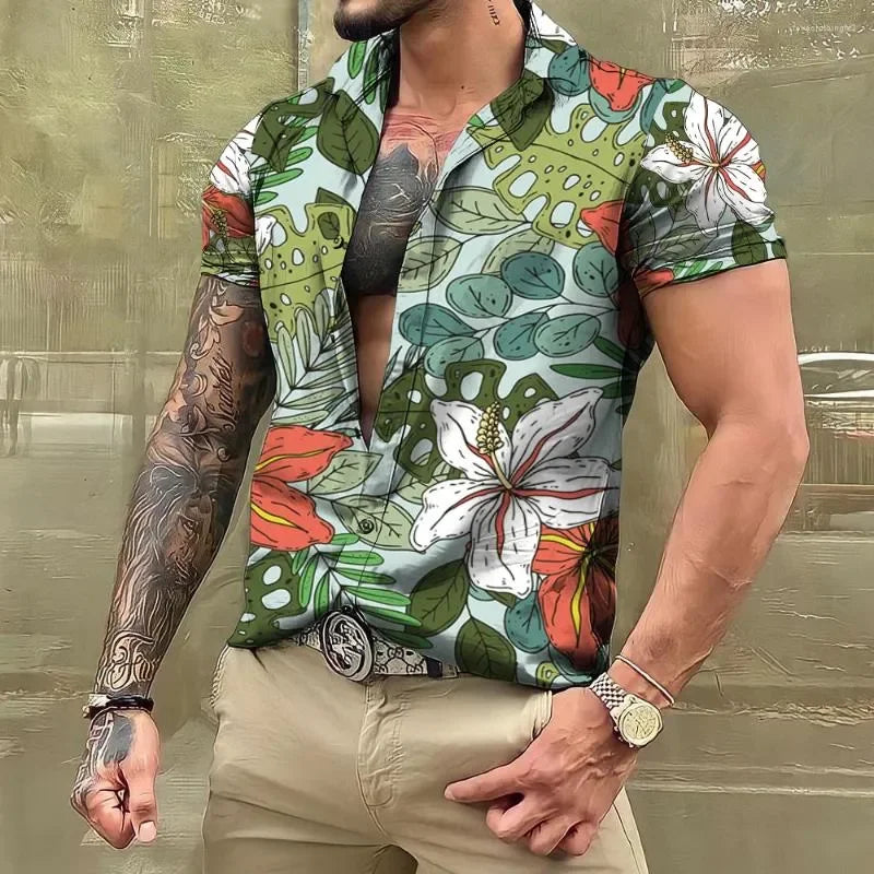 Men's Casual Hawaiian Shirt | 3D Tropical Print Beach Short Sleeve Tops | Oversized Poplin Blouses