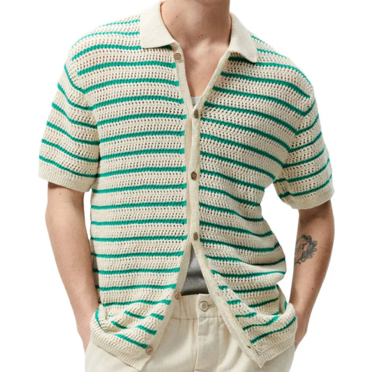 Men's Crochet Knit Polo Shirt | New Summer Knitted Sweater Striped Woolen Casual POLO Shirt with Lapel and Button