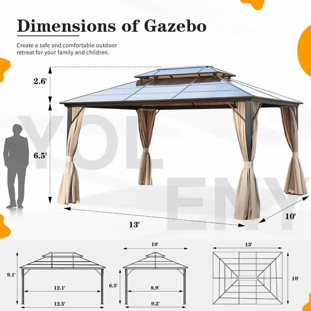 10'x13' Hardtop Gazebo | Outdoor Polycarbonate Double Roof Canopy with Aluminum Frame and Curtains | Permanent Pavilion with Pergola Design