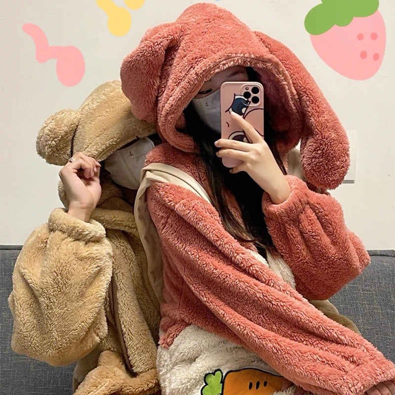 Winter Cute Plush One Piece Pajamas Women's Cartoon Carrot Bear Warm Hooded Zippered Pajamas Student Kawaii Couple Home Wear