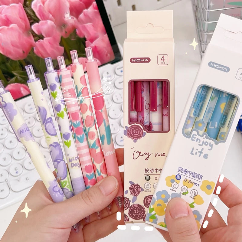 4pcs Kawaii Flowers Gel Pens 0.5mm Black Ink Neutral Pens Fine Point Tip Pen Smooth Writing Ballpoint Pen Office School Supplies | Alo Trendy