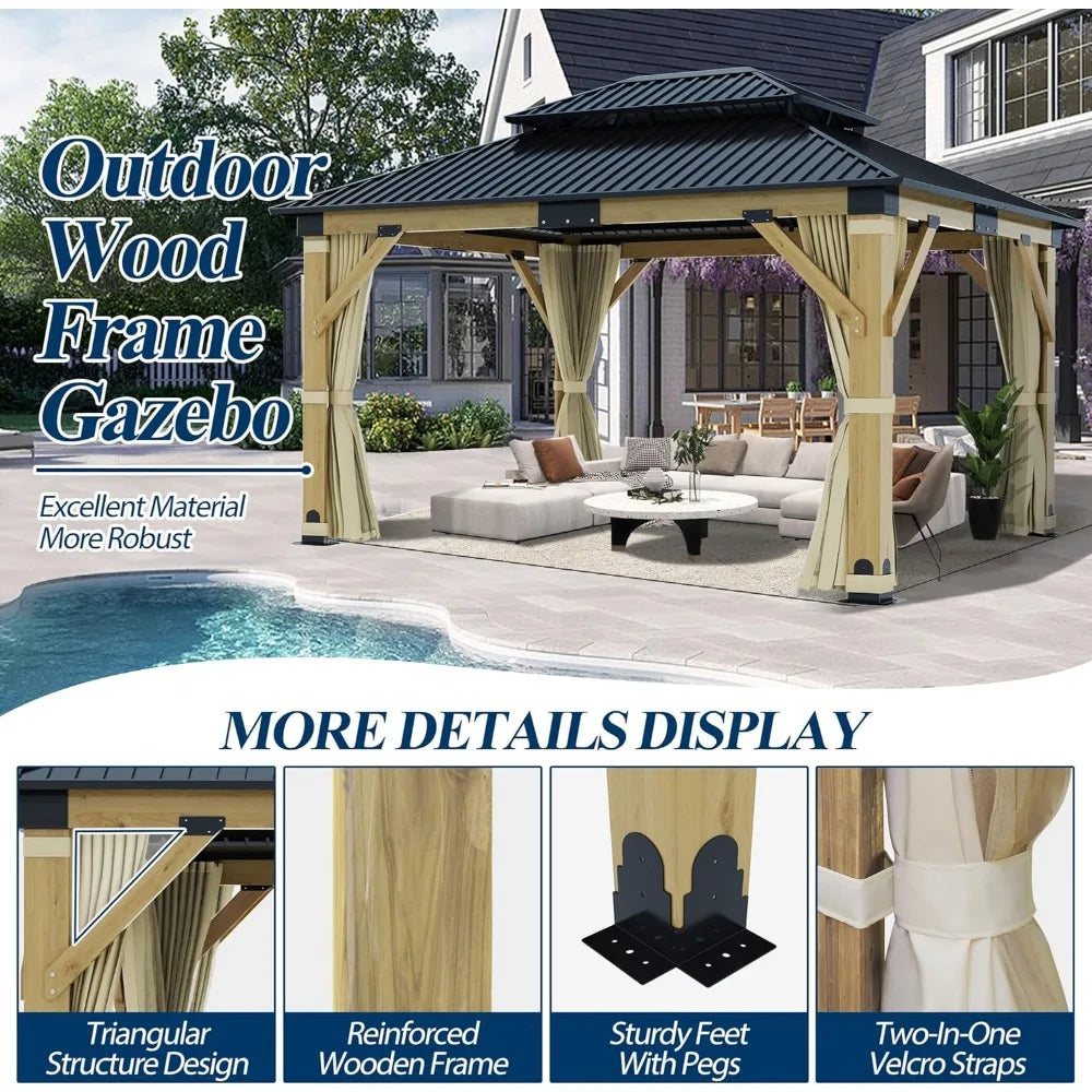 11FT x 13FT Outdoor Cedar Wooden Gazebo | Patio Wood Frame with Galvanized Steel Hardtop | Heavy-Duty Hardtop Gazebo