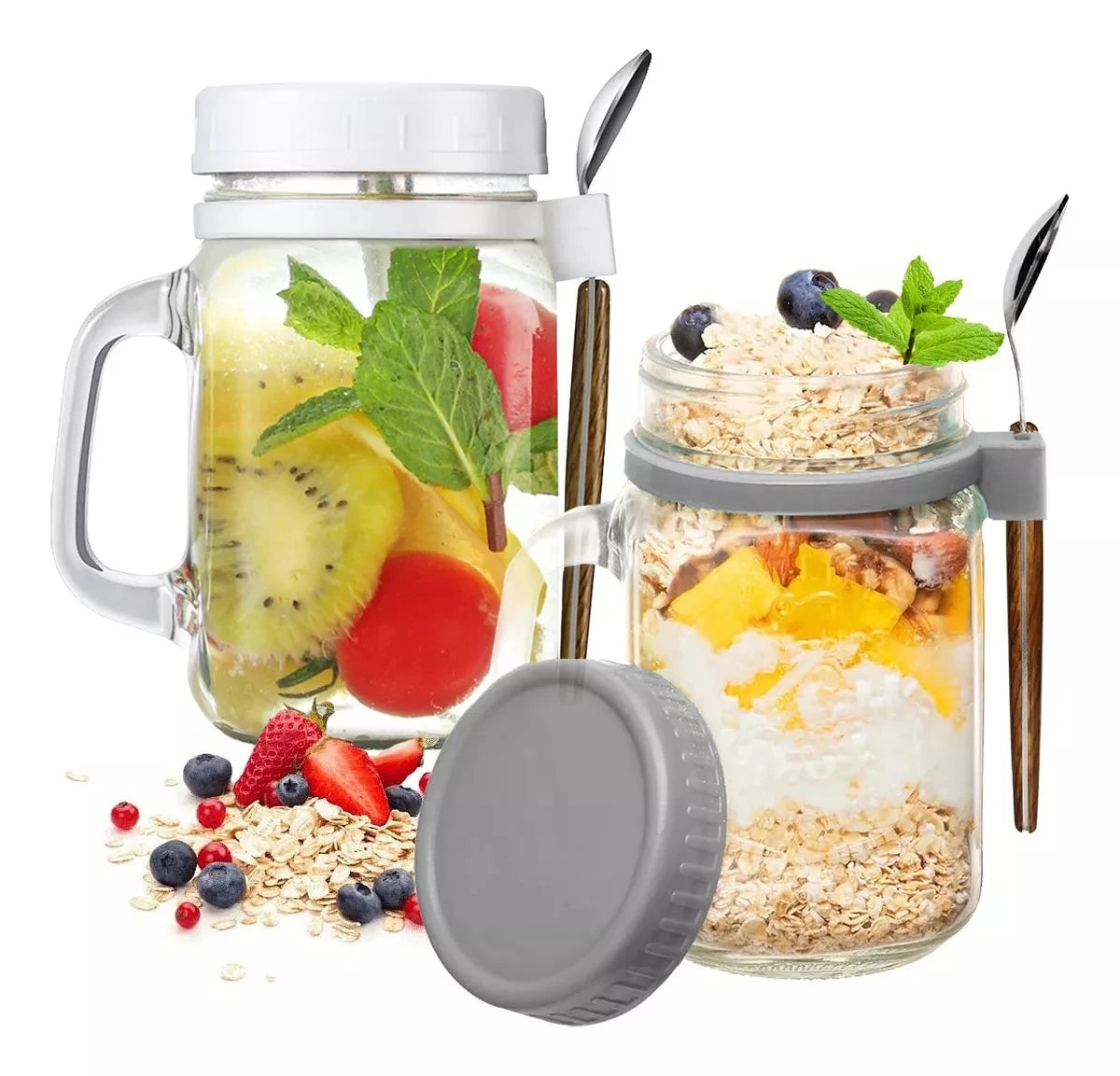 2PC Overnight Oats Jars Food Containers with Lids | 16 oz Glass Mason Jars Cups Breakfast Mason Salad Yogurt Spoon and Glass Holder | Convenient Storage Solution | Alo Trendy