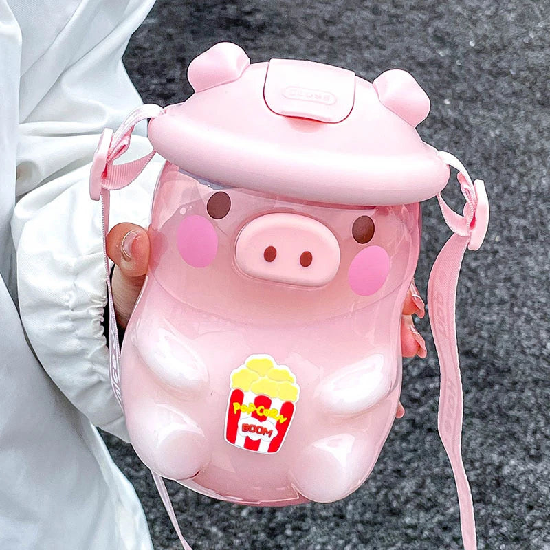 Kawaii Water Bottles Piggy Water Cup Cute Girl High Temperature Resistant Cup Straw Children Plastic Water Bottle Best Gift | Alo Trendy