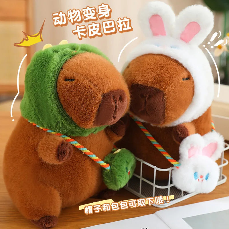 Funny Capybara Wear Rabbit/Frog/Dog/Dinosaur Hat Crossbody Bag Plush Toys | Cartoon Animals Stuffed Dolls Gift Home Sofa Decor