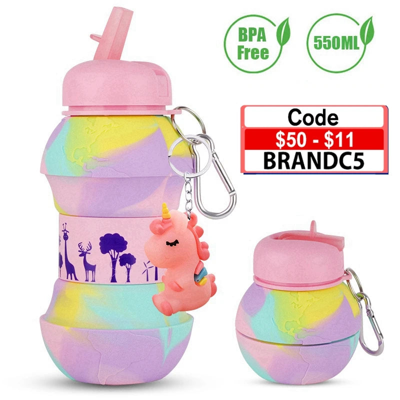 550ml Creative Silicone Water Bottle for Children Girls Boys | BPA Free Portable Folding Water Bottles With Cute Pendant Kids Gift | Alo Trendy