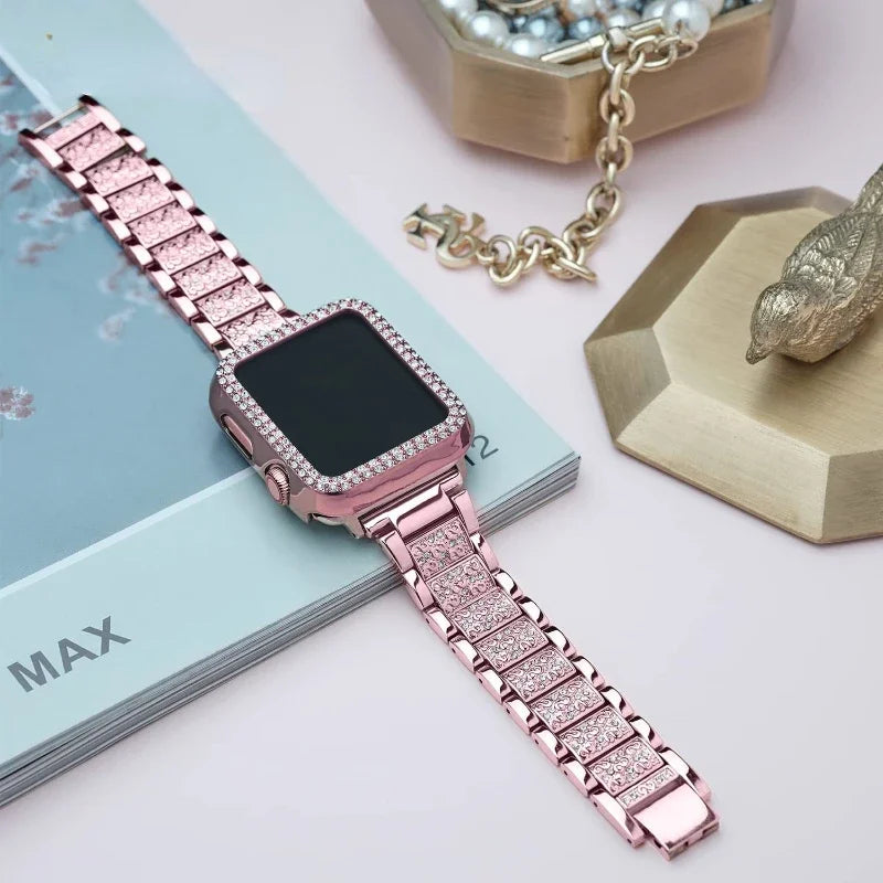 Metal Strap+Case for Apple Watch 9 8 7 6 5 4 | Women Diamond Bracelet Wristband Belt for IWatch | 45mm 41mm 44mm 42mm 40mm 38mm Band