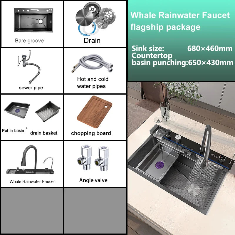 Waterfall Stainless Steel Kitchen Sink With Knife Holder Honeycomb Embossed  Large Single Slot Farmhouse Washing Basin