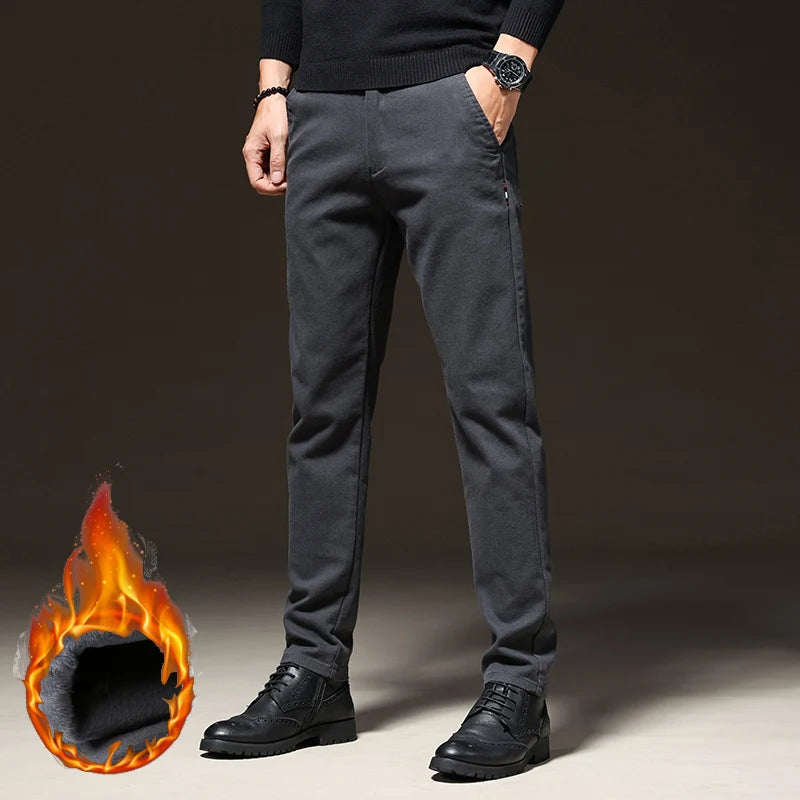 Winter Men's Warm Fleece Stretch Business Pants | Elastic Waist Thick Fur Cotton Soft Slim Straight Trousers | Stylish Male Brand Clothing