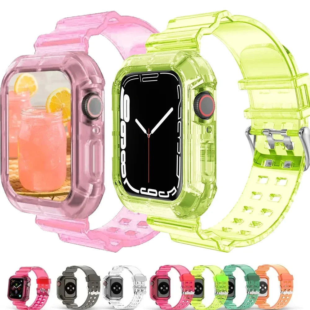 Clear Band + Case for Apple Watch Series 9, 8, 7, 6, SE, 5 | 49mm, 45mm, 44mm, 42mm, 41mm | Transparent Plastic Strap for iWatch 3, 38mm, 40mm | Alo Trendy