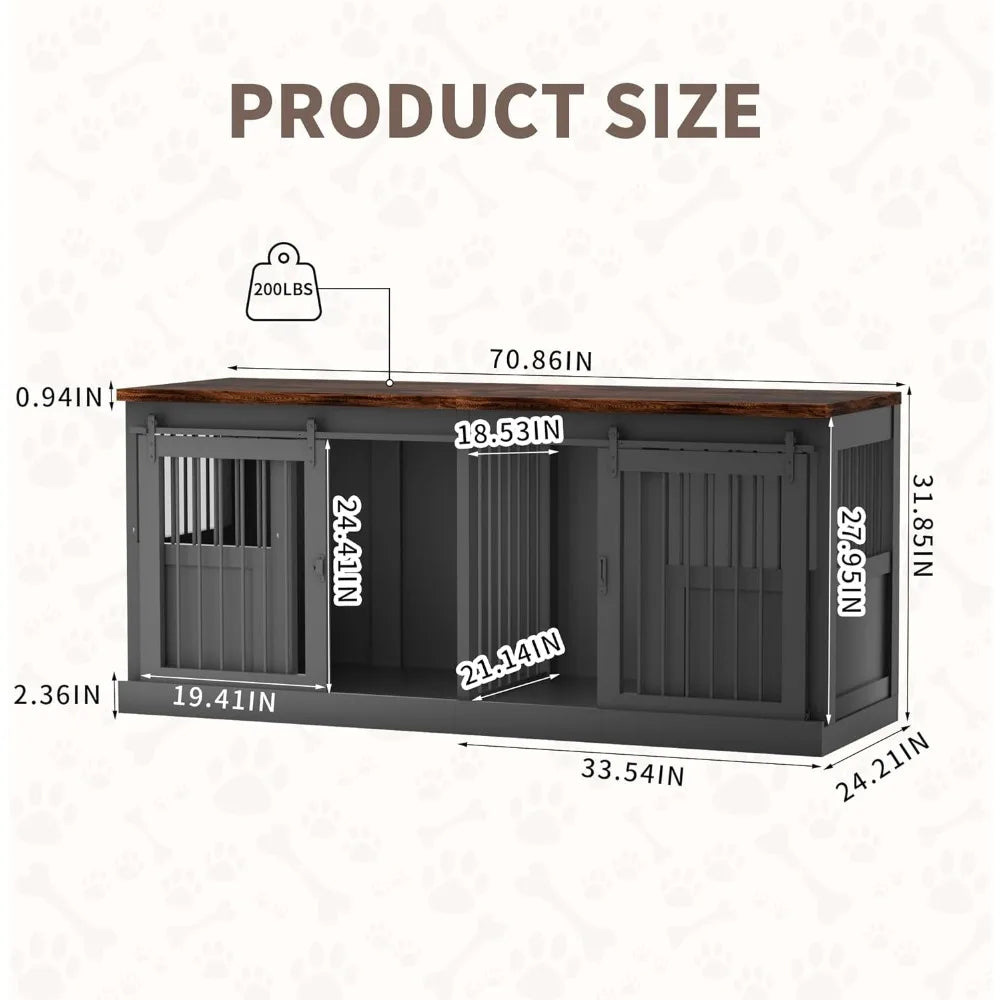 71-Inch Double Dog Crate Furniture | Heavy-Duty Wooden Kennel for Two Dogs | Stylish and Durable Indoor Dog Cage