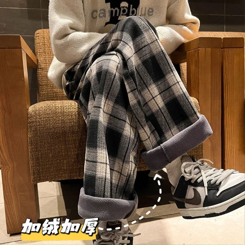 Men's Winter Retro Plaid Wide-Leg Trousers | Harajuku High Street Loose Plus Fleece Thick Straight Casual Pants