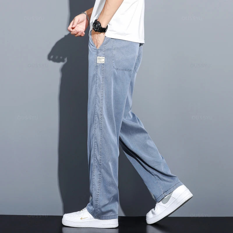 Summer Thin Soft Lyocell Fabric Jeans | Men’s Loose Straight Wide-Leg Pants | Drawstring Elastic Waist Casual Trousers | Plus Size Available