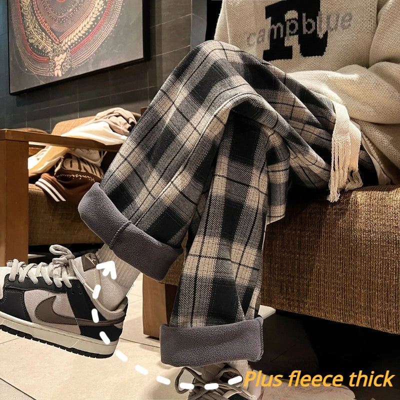 Men's Winter Retro Plaid Wide-Leg Trousers | Harajuku High Street Loose Plus Fleece Thick Straight Casual Pants