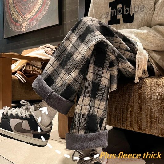 Men's Winter Retro Plaid Wide-Leg Trousers | Harajuku High Street Loose Plus Fleece Thick Straight Casual Pants