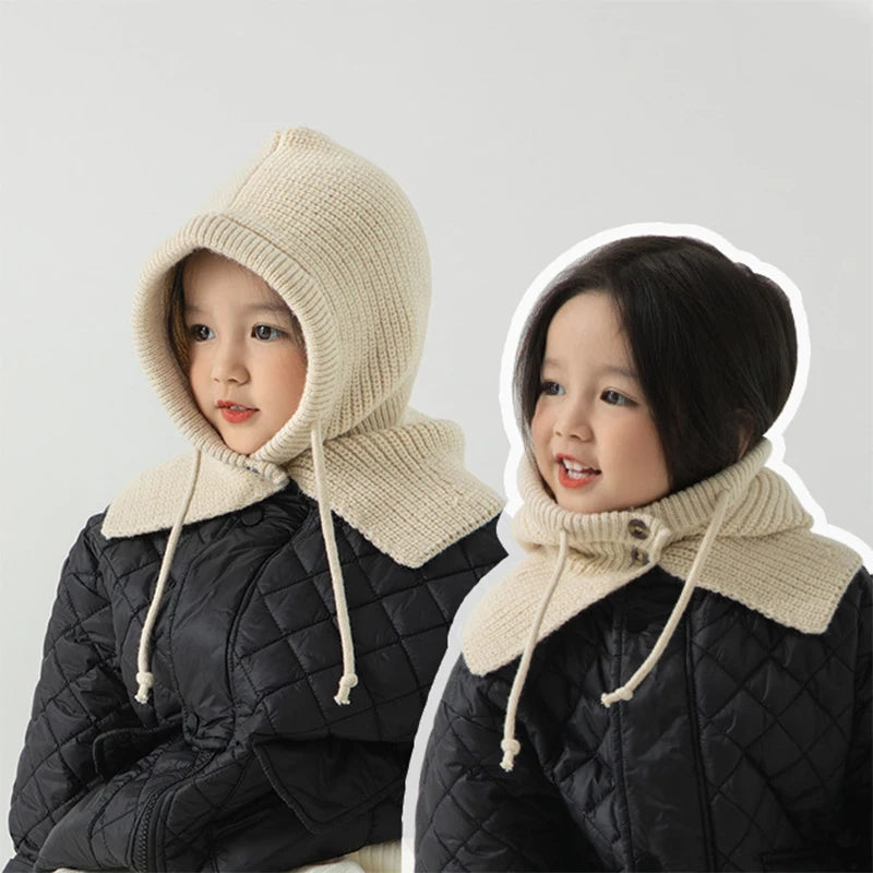 Winter Kids Knitted Hooded Cap Girls Boys Korean Outdoor Warm Drawstring Hats One-piece Scarf Neck Collar Beanie Balaclava Hat