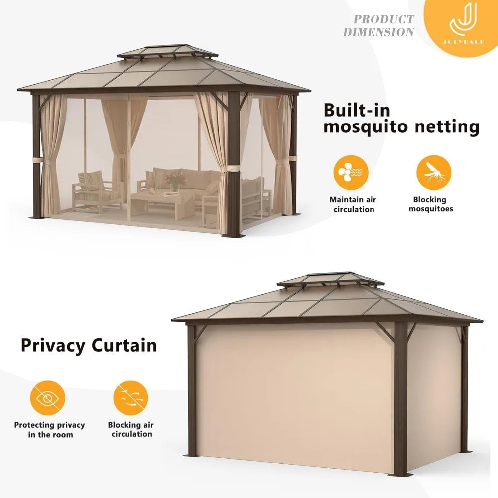 10x12 Hardtop Pavilion | Double Roof Aluminum Frame with Mesh and Curtains | Outdoor Polycarbonate Pavilion