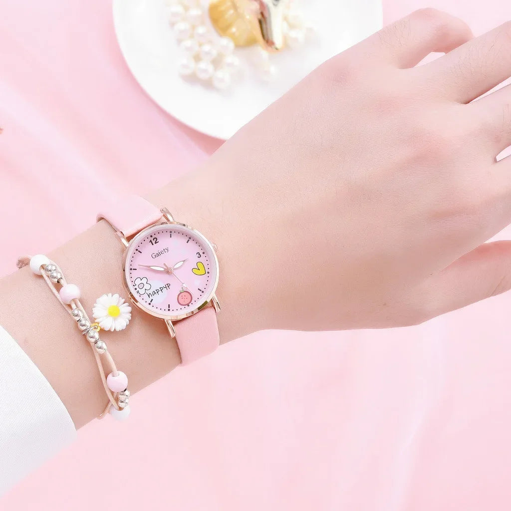 Kids Watches Pink Cute Children's Wristwatch | Cartoon Pattern Quartz Watch Set for Girls | Fashion Students' Clock Relogio Feminino