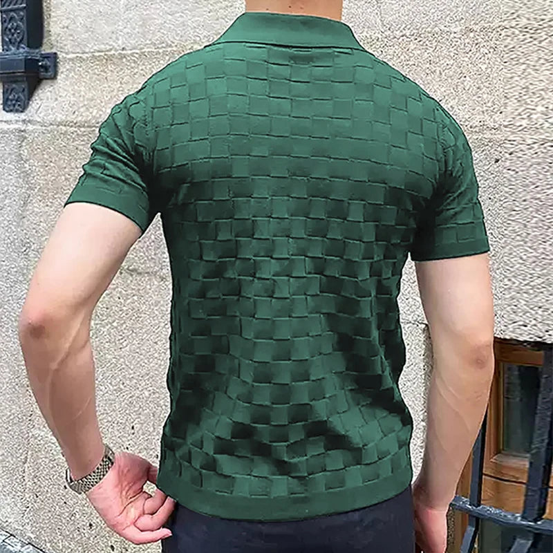 Vintage Plaid Jacquard Knitted Polo T-Shirts Men | Summer Casual Breathable Thin Knit Tops | Fashion Slim Polo Shirts