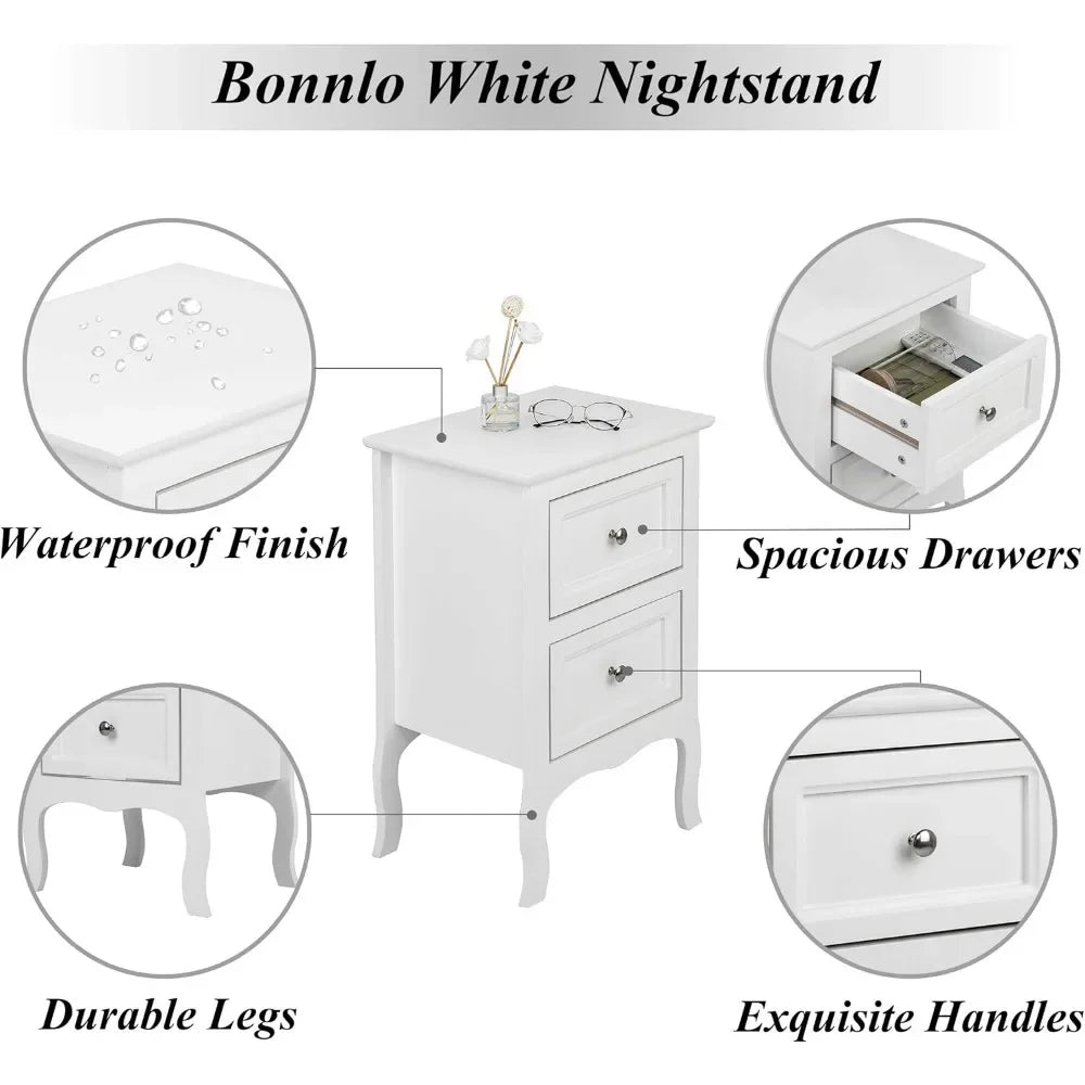 White Nightstand Set of 2, Nightstands with 2 Drawers, Bed Side Table/Night Stand, Small Nightstand for Bedroom, Small Spaces