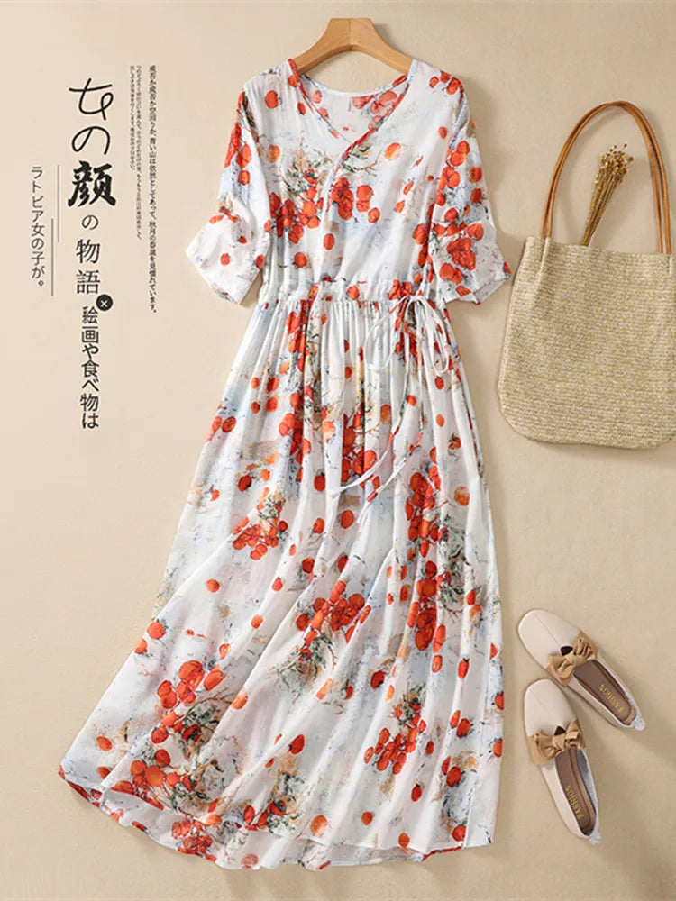 2024 New Arrival Thin Light Soft Cotton Blend Print Floral Vintage Summer Dress | Slim Waist Fashion Women Casual Midi Dress | Alo Trendy