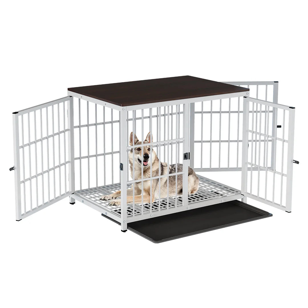 Dog Crate Furniture White Pet Kennel | Black Metal Cage End Table with Three Doors and Removable Tray | For Small, Medium, and Large Dogs