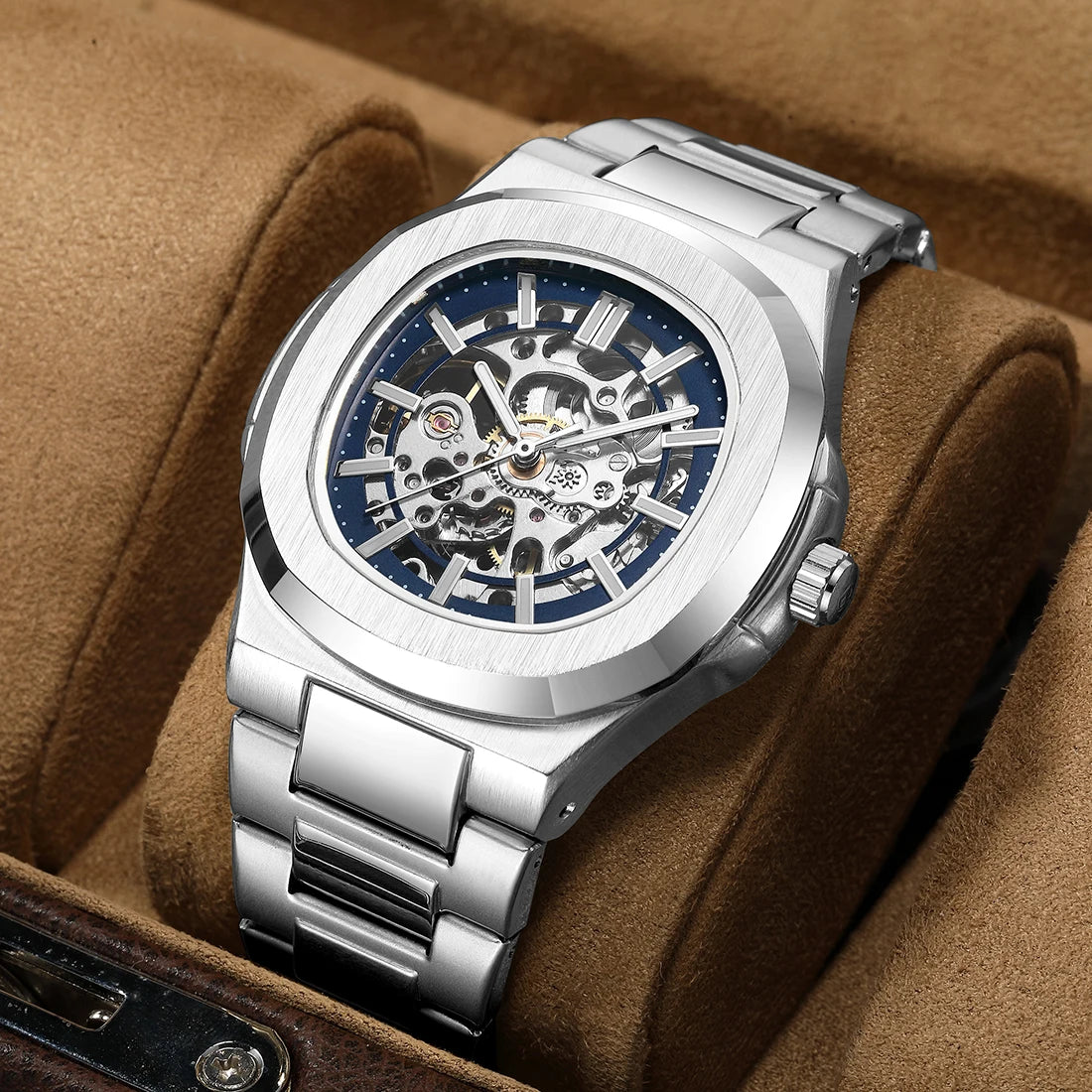 Skeleton Hollow Men Automatic Mechanical Watch | Steampunk Silver Stainless Steel Waterproof Wrist Watches | Male Mechanism Clock