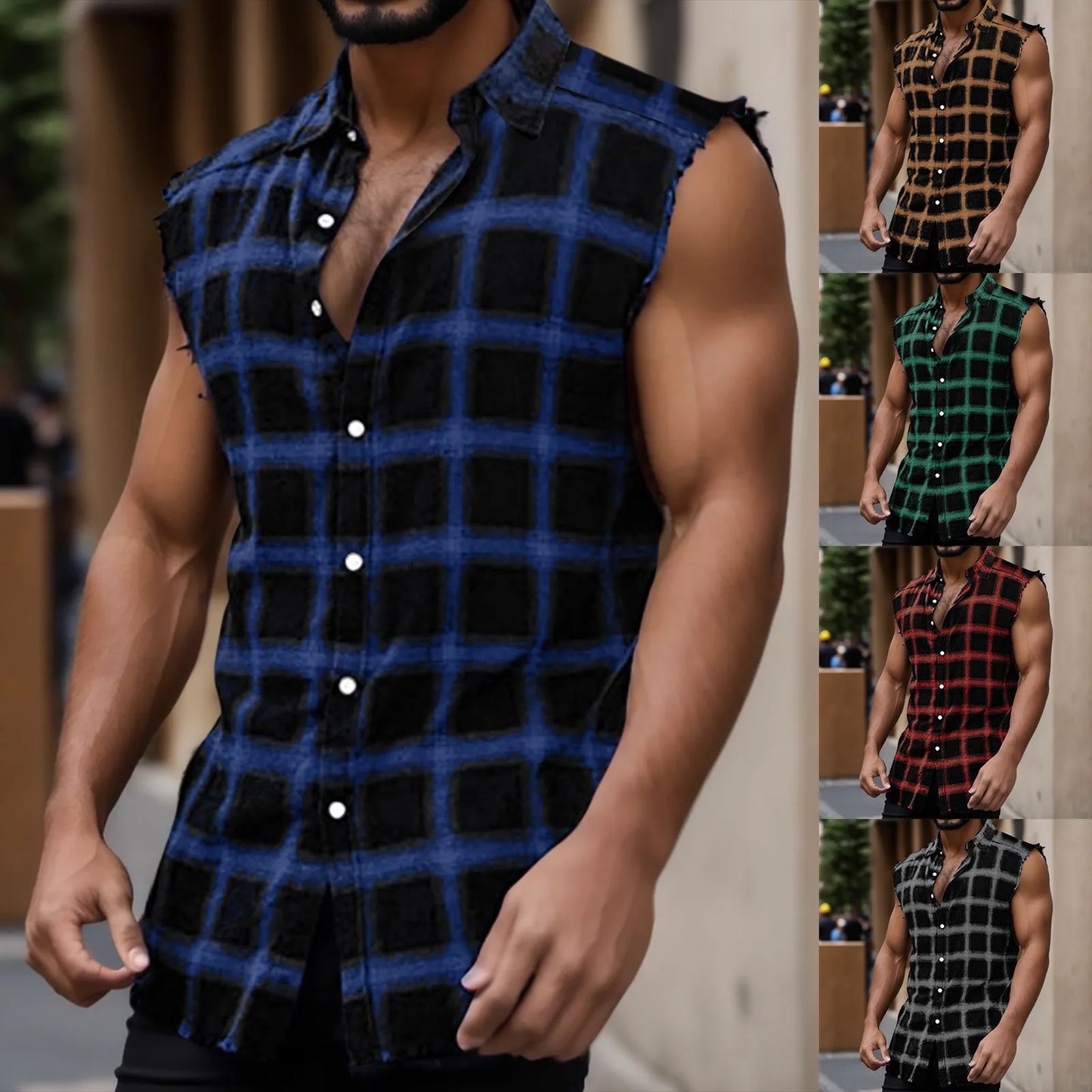 Y2k Vintage Plaid Print Tank Tops for Men | Stylish Lapel Button Vests | Sleeveless Top Shirts | Summer Casual Daily Streetwear