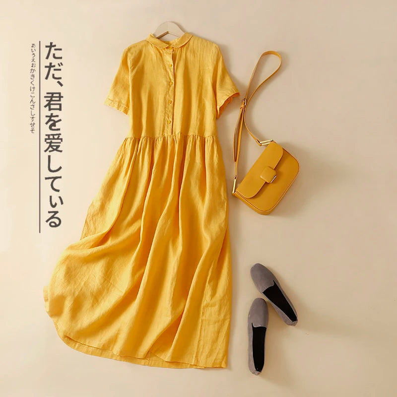 2023 New Summer Women Vintage Solid Cotton Midi Dresses Literary Office Lady Shirt Dress Female Casual Loose Sundress