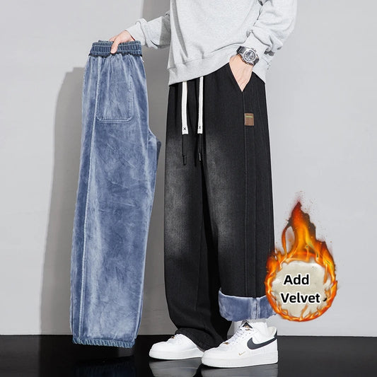 Winter Velvet Wide Leg Jeans Men | Casual Loose Fit Trousers | Solid Color Straight Outdoor Fashion Pants | Available in Size 8XL