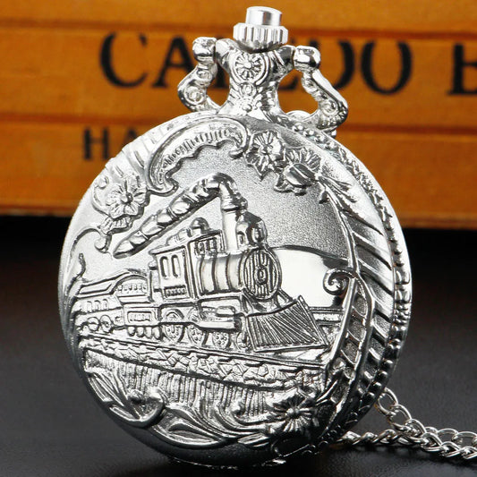 Vintage Antique Steam Train Design Pocket Watch with Chain Necklace | Retro Quartz Pendant FOB Chain Watches