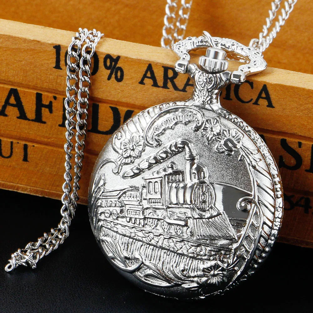 Vintage Antique Steam Train Design Pocket Watch with Chain Necklace | Retro Quartz Pendant FOB Chain Watches