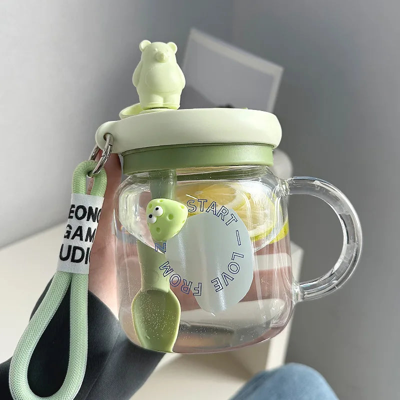 700ML Cute Bear Glass Water Cup With Handle Lid Jumbo Stirring Straw Juice Cups Portable Coffee Milk Double Drinking Mug Bottles | Alo Trendy