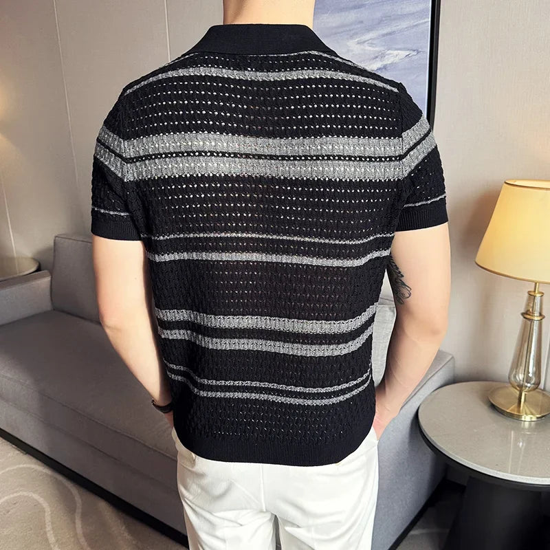 Men Polo Shirt Summer New Thin Knitted Striped Jacquard Patchwork Color Short Sleeved Casual V-neck T-shirt Men Clothing