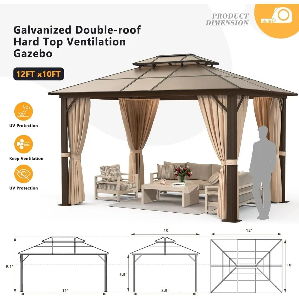 10x12 Hardtop Pavilion | Double Roof Aluminum Frame with Mesh and Curtains | Outdoor Polycarbonate Pavilion