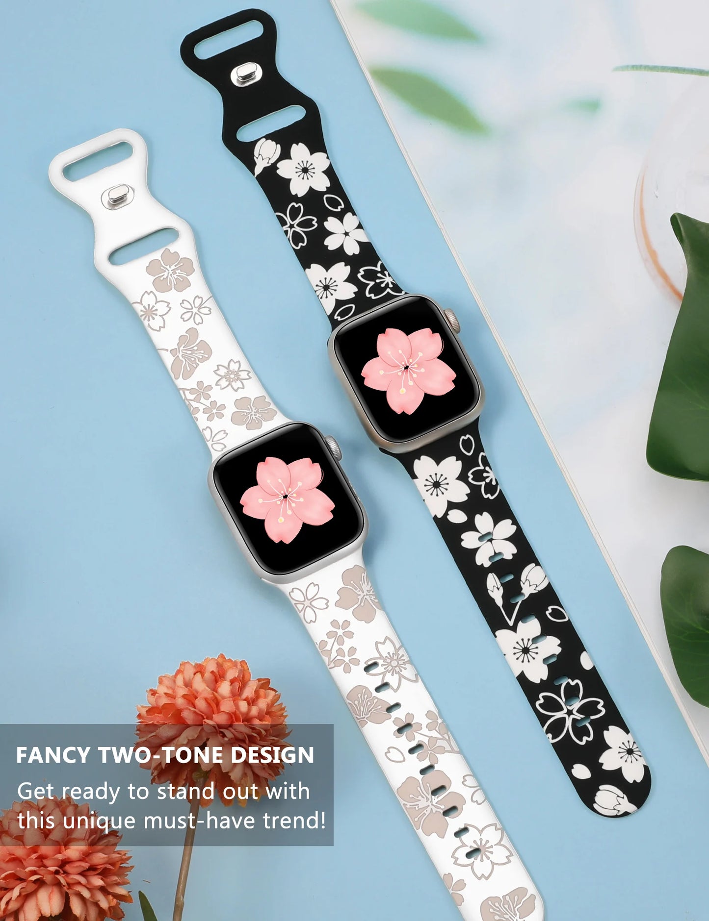 2pcs Floral Engraved Band for Apple Watch | Two-Tone Flower Strap for iWatch Ultra 9 8 7 6 5 4 3 2 SE | 45mm, 40mm, 38mm | Alo Trendy