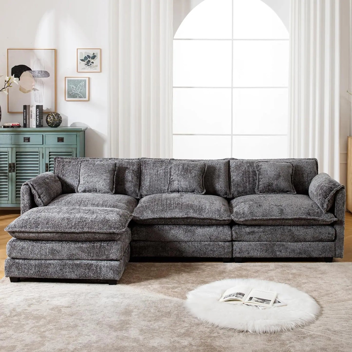 112" Oversized Sectional Sofa | Cloud Couch for Living Room | Modern Chenille L-Shaped Modular Sofa Sleeper